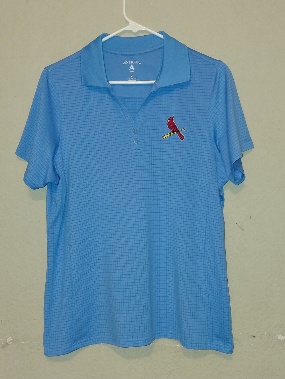 Antigua Light Blue Woman's Short Sleeve Polo with Cardinal Patch
